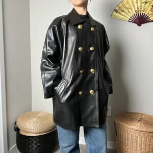 vintage 90s black leather classic double breasted trench coat jacket by terry